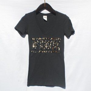 VS Pink Black and Gold Sequin Bling V-Neck Tee- XS